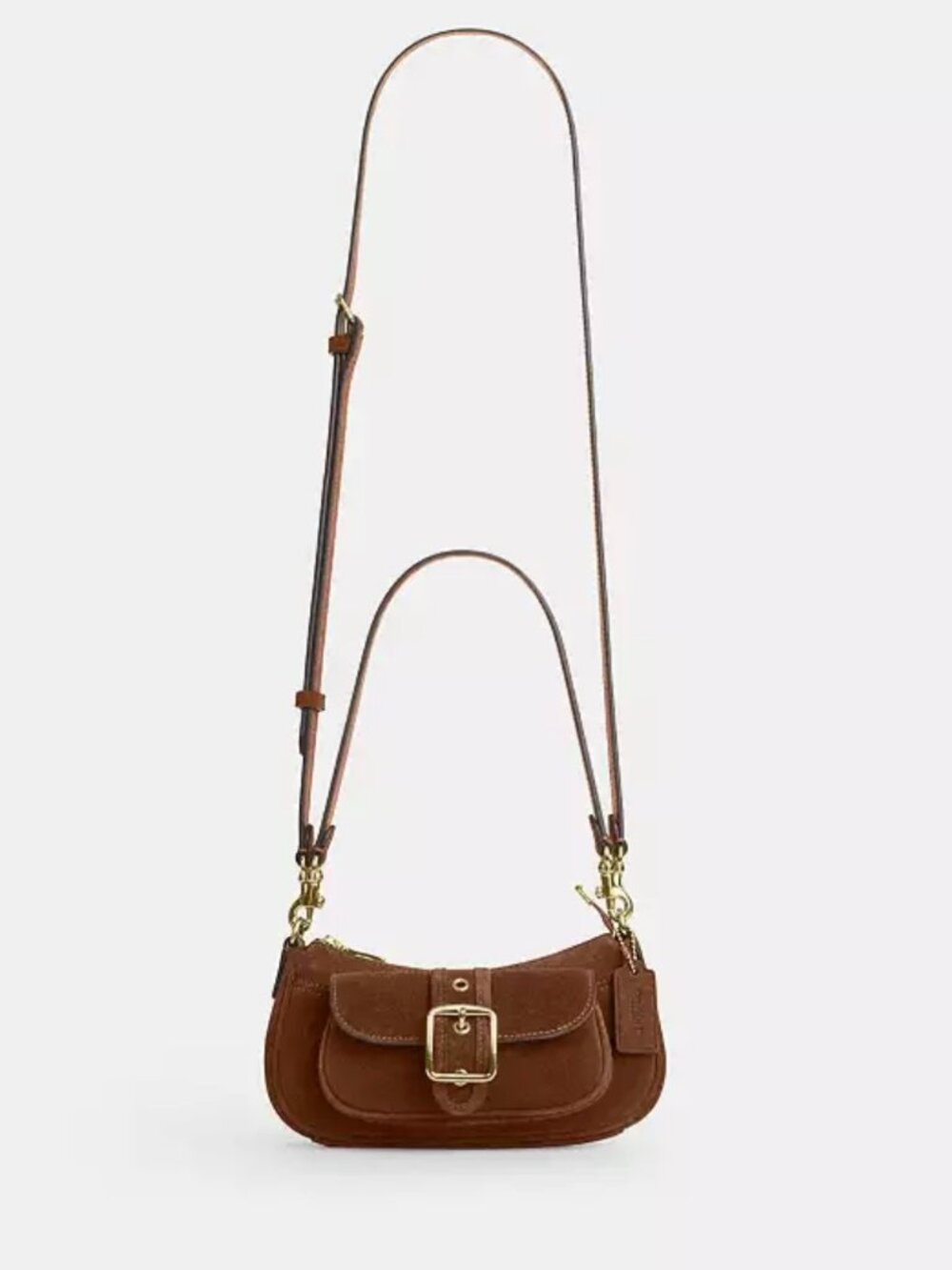 COACH ashton mini shoulder bag. suede/gold /warm brown. item # cfa50.